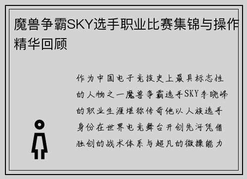 魔兽争霸SKY选手职业比赛集锦与操作精华回顾